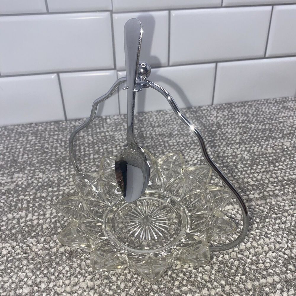 Vintage Sheffield Glass Jam Relish  Dish‎ Set with Stand and Spoon